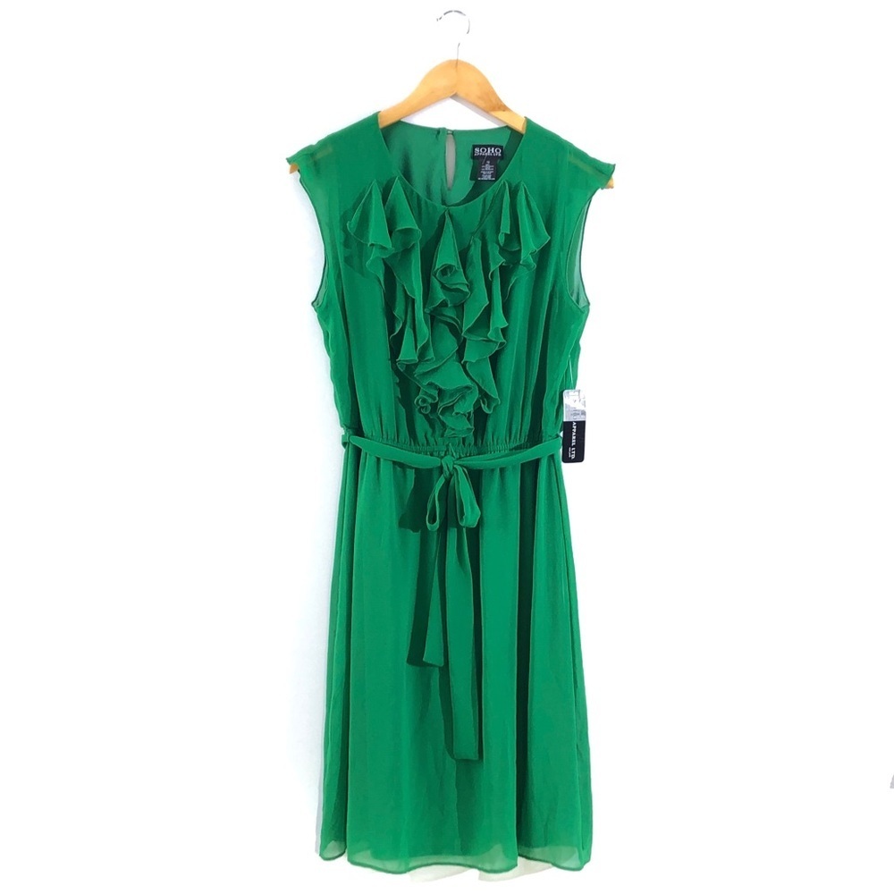 SOHO Apparel New York Emerald Green Romantic Ruffled Front Chiffon Dress 10